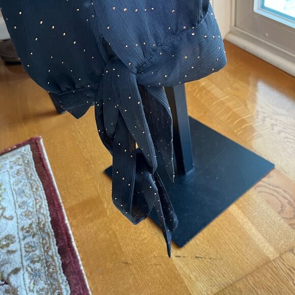 ELLE Blouse Dot Details Sheer Sleeves Scoop Neckline Tie Hem Black & Bronze L - Picture 5 of 14